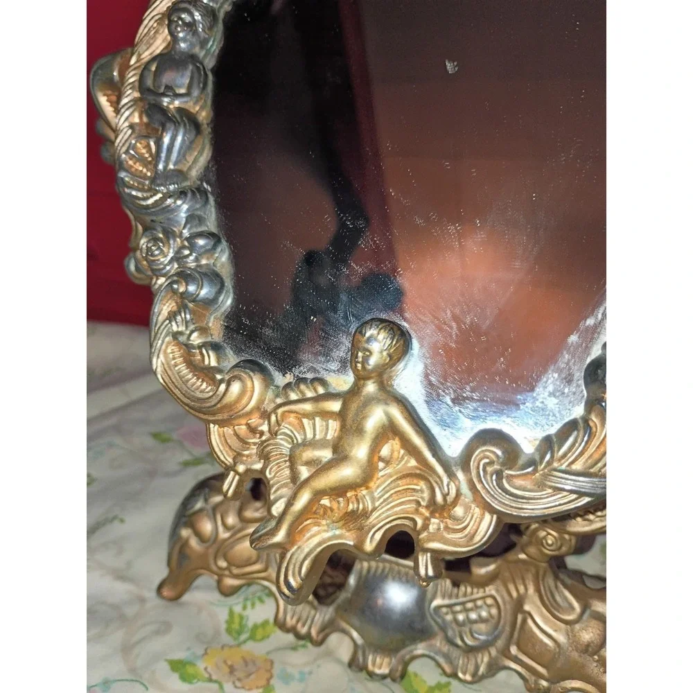 Vintage Silver Plated Cherub Countertop Vanity Mirror